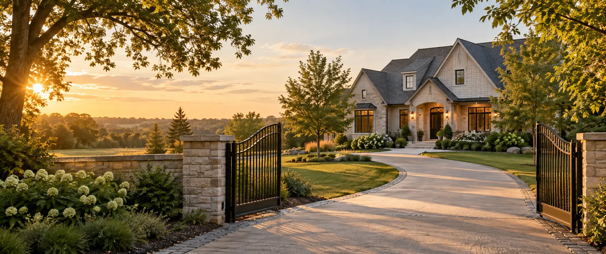 A welcoming home beyond an open wrought-iron gate and garden path